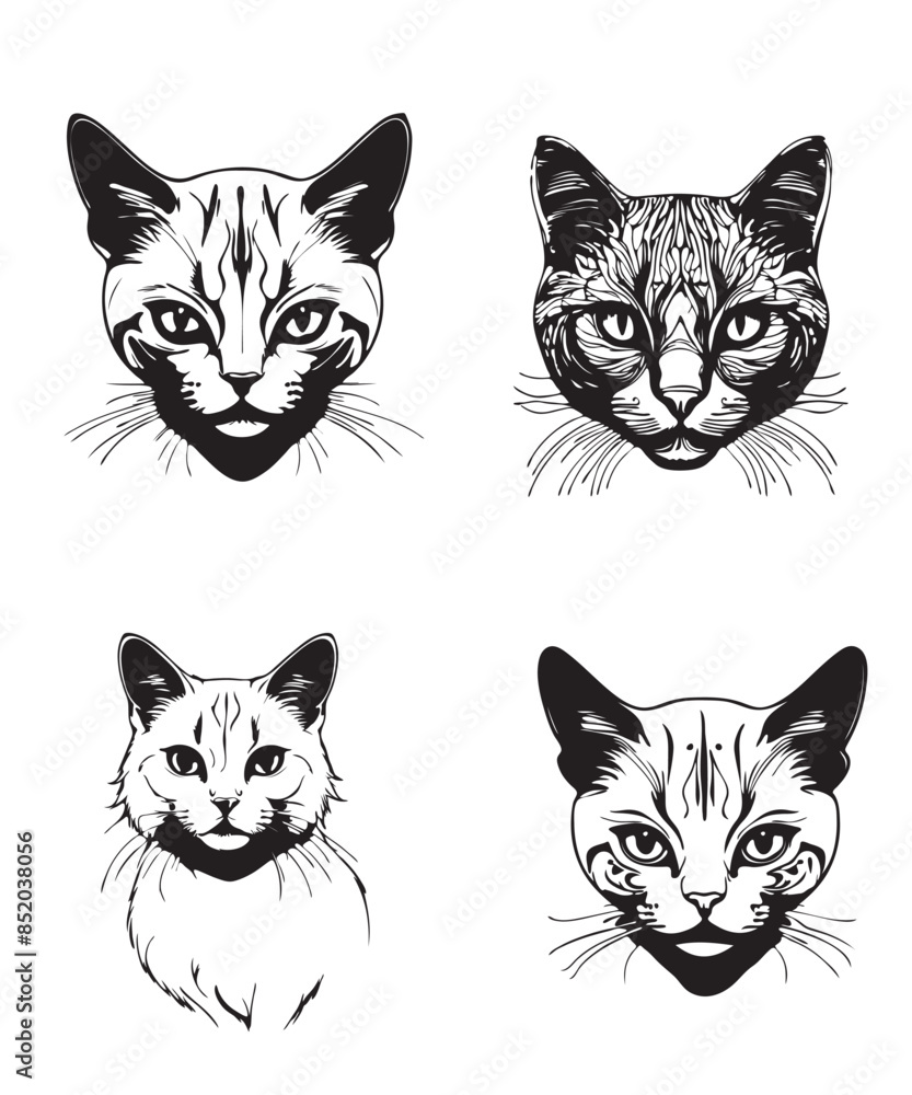 Black outline of a cat face on a white background Black outline of a cat face on a white background