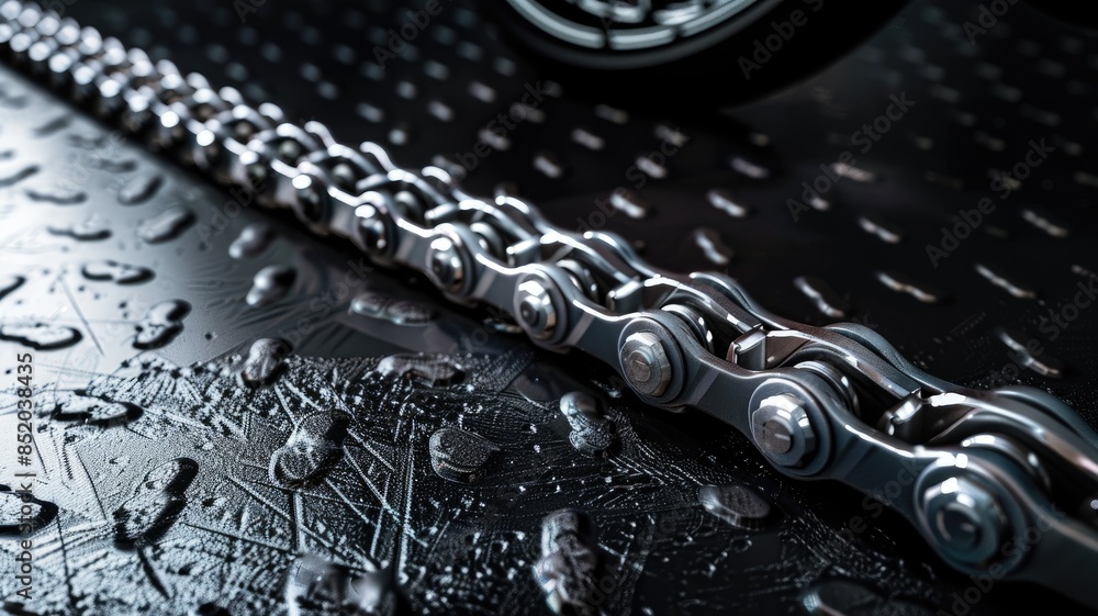 Close-up of wet bicycle chain on metallic surface Close-up of wet bicycle chain on metallic surface