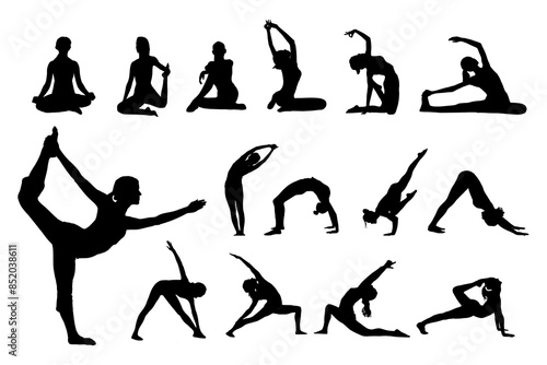silhouettes of yoga poses, isolated on transparent background,  suitable for sport template design