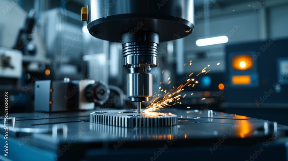 A milling operation is performed on a lathe CNC machine, showcasing precision manufacturing and machining A milling operation is performed on a lathe CNC machine, showcasing precision manufacturing and machining