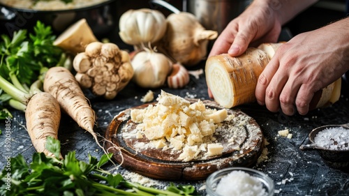 Person preparing fresh root vegetables with herbs and grated cheese photo