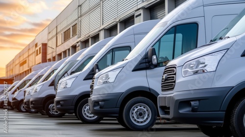A fleet of commercial delivery vans stands in a row, ready for daily operations at a transportation service company
