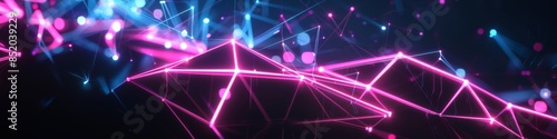 Dark background with a broken polygonal grid, illuminated by minimalistic neon lights, giving a chaotic and futuristic effect