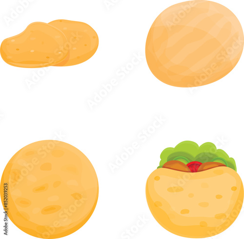 Tortilla bread icons set cartoon vector. Ingredient for cook burrito and taco. Street food