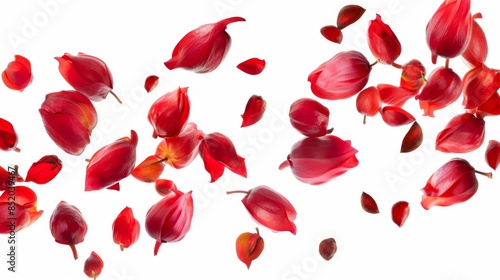 Rosella fruits are depicted falling in mid-air against a white background © AlfaSmart