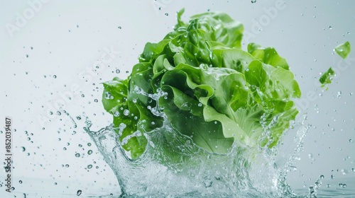 A splash of water is depicted hitting a head of lettuce, which appears to be floating in mid-air against a white background