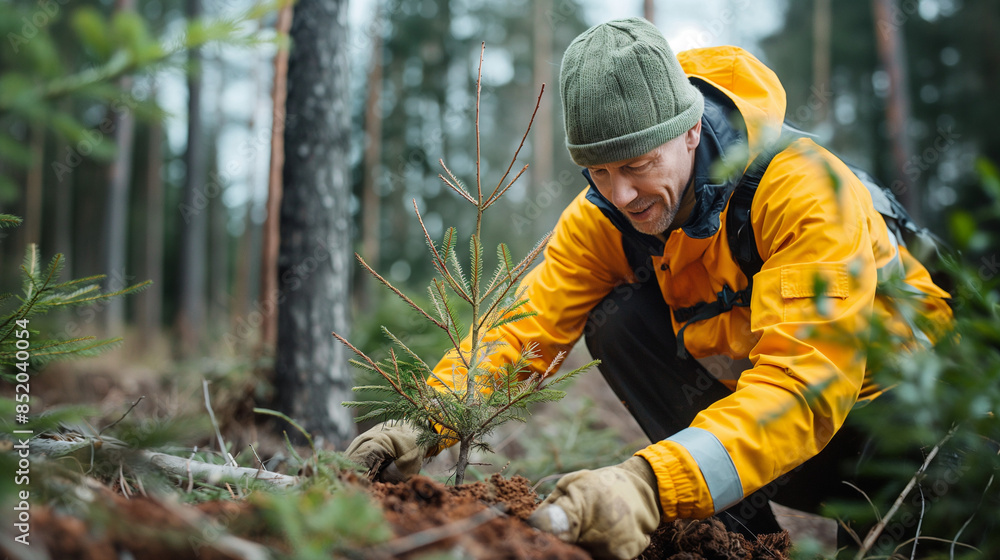 a man planting trees in the forest , agriculture worker a man planting trees in the forest , agriculture worker