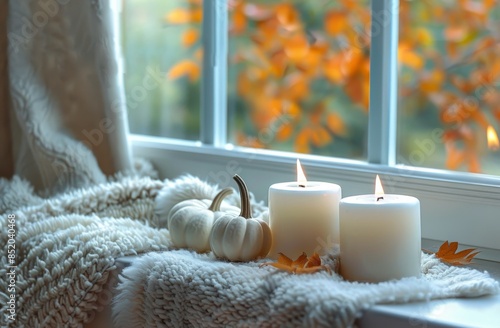 Cozy Fall Windowsill With Burning Candles and Pumpkins