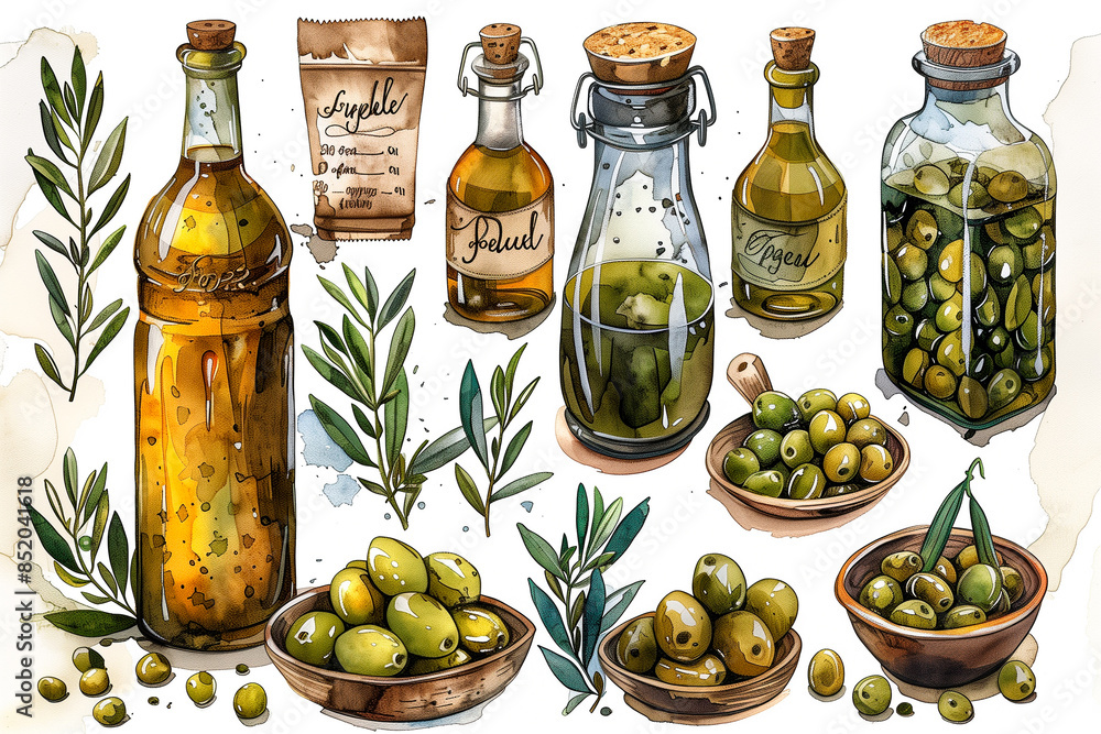 Bottles of olive oil with olives and olive branches. Watercolor illustration, olive oil, olives. Healthy lifestyle. Bottles of olive oil with olives and olive branches. Watercolor illustration, olive oil, olives. Healthy lifestyle.