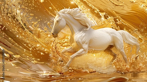 Golden Horse Splash Art Abstract Fluid Motion Dynamic Sculpture. Mural, wallpaper and background gold horse. High quality AI generated image photo