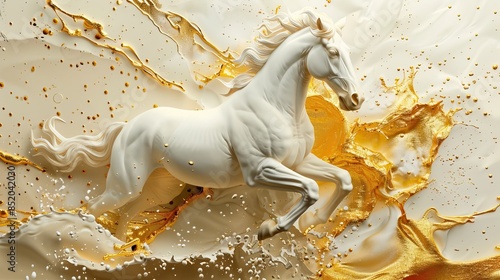 Fototapeta Naklejka Na Ścianę i Meble -  Golden Horse Splash Art Abstract Fluid Motion Dynamic Sculpture. Mural, wallpaper and background gold horse. High quality AI generated image