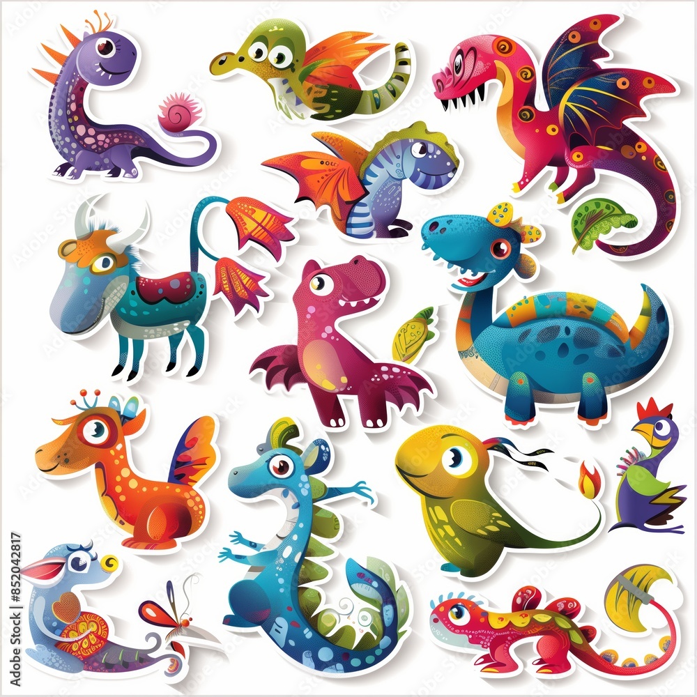 Obraz premium Colorful Cartoon Dragons Collection