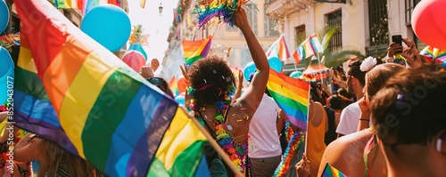 Tourists and citizens marching together waving rainbow flags during gay pride parade © ALEXSTUDIO