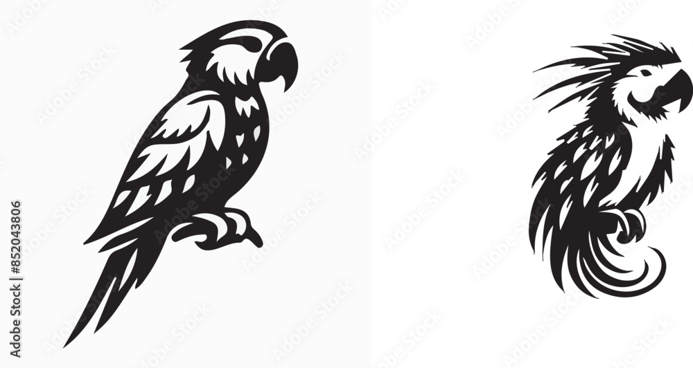 Fototapeta premium Printset of parrots silhouette on white background