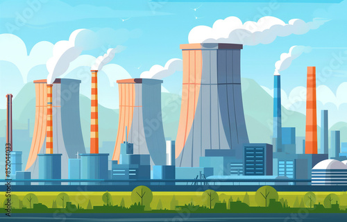 illustrazione industriale di centrale nucleare con reattori, paesaggio naturale con montagne e cielo azzurro
