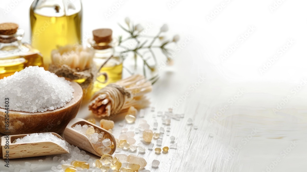 Spa theme with salt oil soap on white background Spa theme with salt oil soap on white background