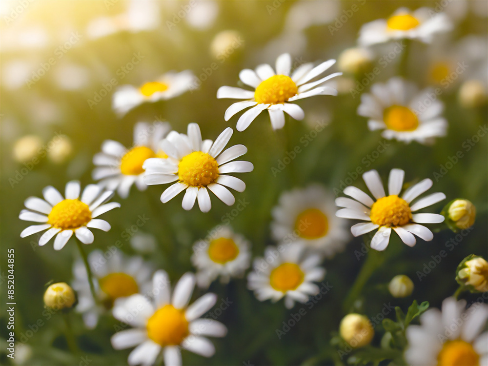 White chamomiles summer field, floral close up view horizontal background White chamomiles summer field, floral close up view horizontal background