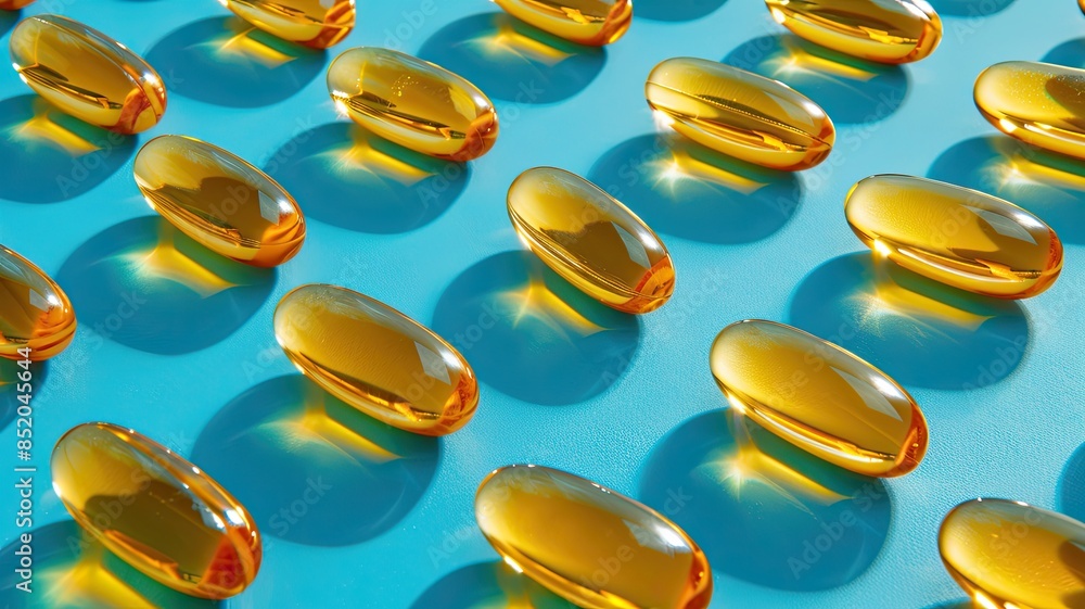 yellow transparent tablets on a blue background, cod liver oil capsules, pattern yellow transparent tablets on a blue background, cod liver oil capsules, pattern