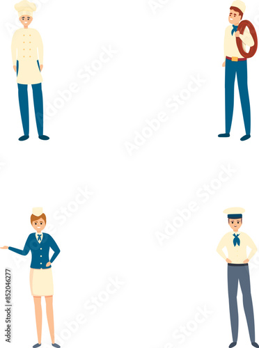 Ship crew crew icons set cartoon vector. Cruise liner crew character. Ocean travel team