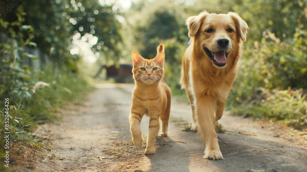 A red cat and a dog walk side by side along a path in a summer park. They smile and look friendly. A red cat and a dog walk side by side along a path in a summer park. They smile and look friendly.