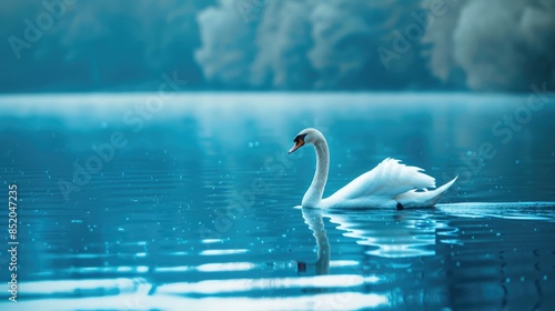 Fototapeta Naklejka Na Ścianę i Meble -  Majestic wild swan gliding on the lake s blue water