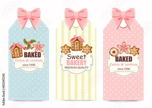 Baking stickers. Bakery stickers. Cute templates in delicate colors. Vector illustration. Decor elements
