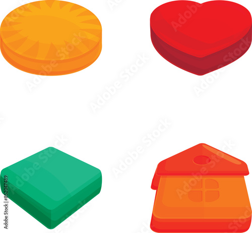 Cookie form icons set cartoon vector. Various colorful cookie cutter. Baking accessory