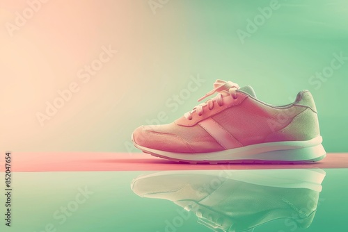 ultrarealistic photograph of a sneakers on a pastel pink surface, against a pastel green background. The pink and green colors reflects on a sneakers surface.