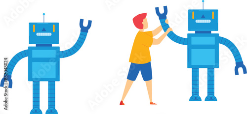 Young man repairing friendly blue robot, technology assistance concept. Cartoon human AI interaction, robot receiving maintenance. Blue robot, man holding wrench, mechanical repair