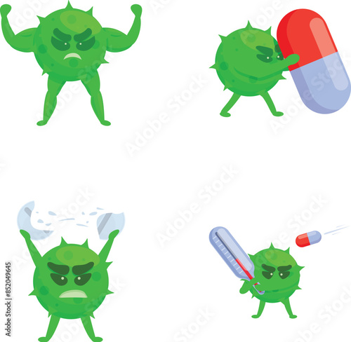 Medication resistance icons set cartoon vector. Wicked bacteria defeating drug. Threat of weak immunity