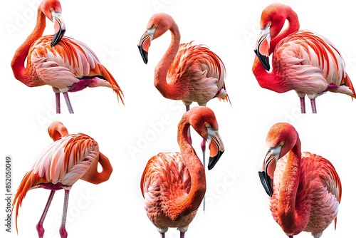 Flamingo bird, many angles and view portrait side back head shot isolated on white background cutout photo