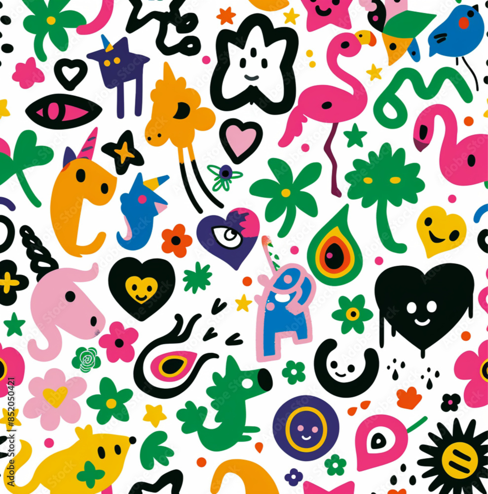 Obraz premium ditsy print with small two color icons in bright colors icons include a cute unicorn head in pink , a four leaf clover in green, a heart in red, a third eye in black, a happy face in yellow