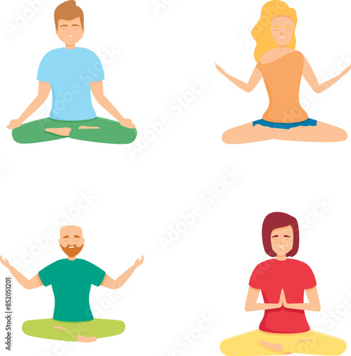 Meditating character icons set cartoon vector. People sitting in lotus posture. Meditation practice, healthy lifestyle