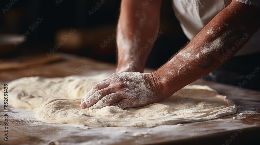Artisanal pizza making close up of hands kneading and stretching dough on floured surface Artisanal pizza making close up of hands kneading and stretching dough on floured surface