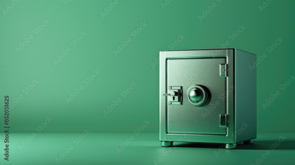 Metallic safe with combination lock against green background Metallic safe with combination lock against green background