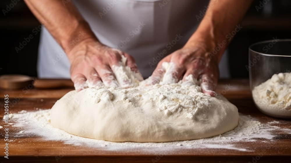 Artisanal pizza dough crafting hands on kneading and stretching process captured in close up shots Artisanal pizza dough crafting hands on kneading and stretching process captured in close up shots