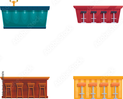 Pub interior icons set cartoon vector. Different bar counter and high chair. Cafe bar interior