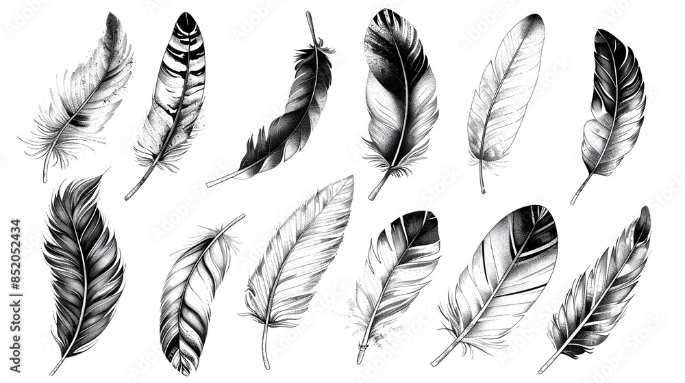 Feathers from a set of birds. manually created illustration Feathers from a set of birds. manually created illustration