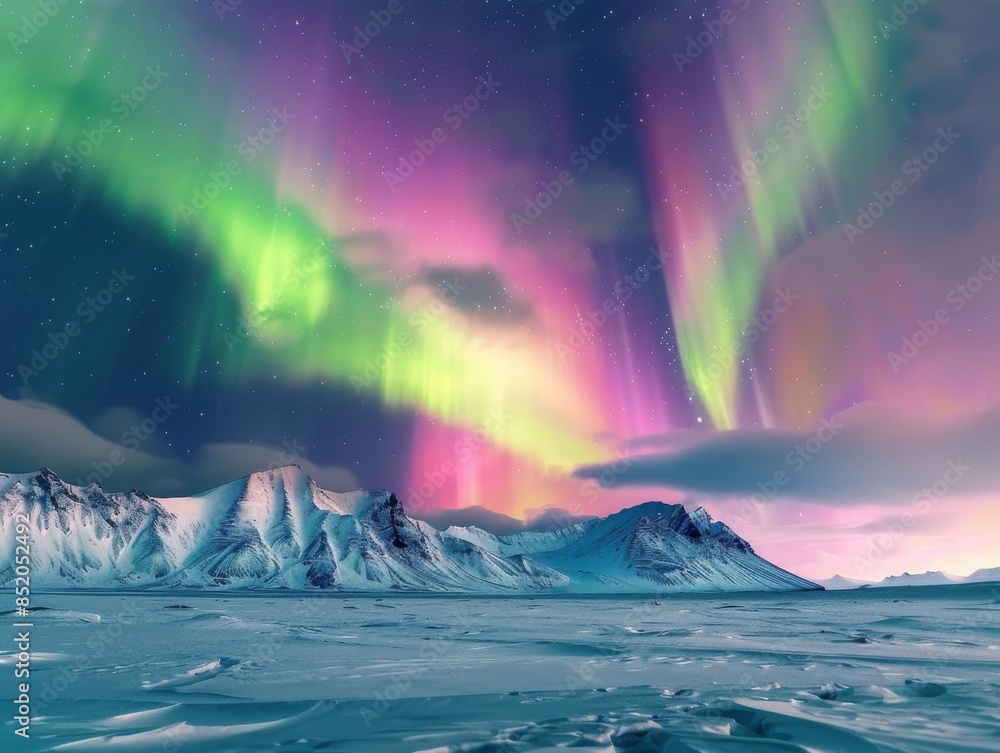 ultrarealistic photograph of a A mesmerizing display of the Northern Lights dancing across the night sky, casting vibrant colors and shimmering light over snow-covered mountains in an icy landscape ultrarealistic photograph of a A mesmerizing display of the Northern Lights dancing across the night sky, casting vibrant colors and shimmering light over snow-covered mountains in an icy landscape