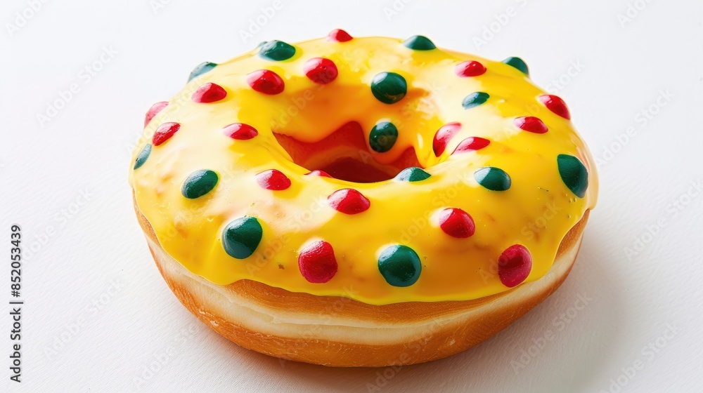 Celebrate National Doughnut Day with a vibrant Yellow Donut adorned with playful red and green polka dots set against a crisp white backdrop Indulge in this delightful fried dough confection Celebrate National Doughnut Day with a vibrant Yellow Donut adorned with playful red and green polka dots set against a crisp white backdrop Indulge in this delightful fried dough confection