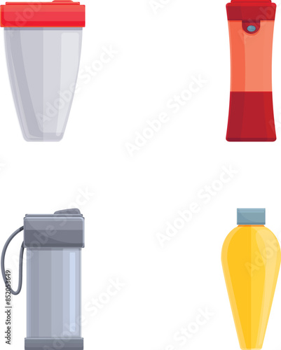 Thermal mug icons set cartoon vector. Various thermal cup and thermos. Termo container for warm drink