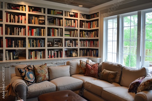 a room with a chair and a book shelf, Build custom bookshelves