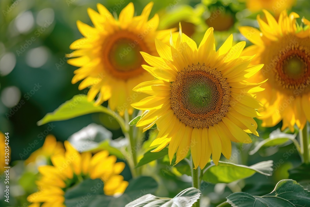 a row of colorful birdhouses on a wooden fence, Cheery sunflowers in bloom