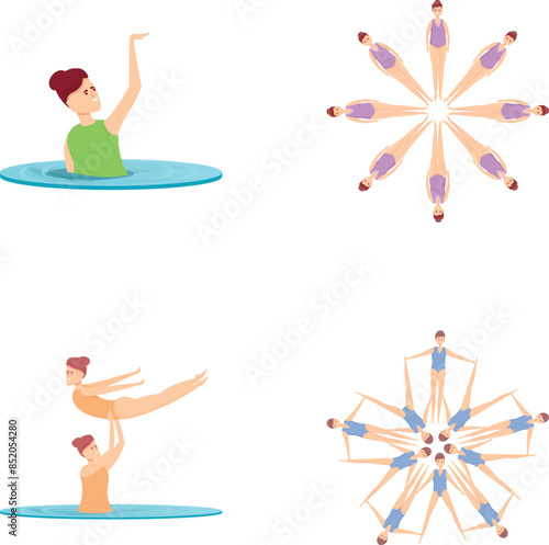 Synchro swimming icons set cartoon vector. Girl team performing stunt in water. Water sport dance competition