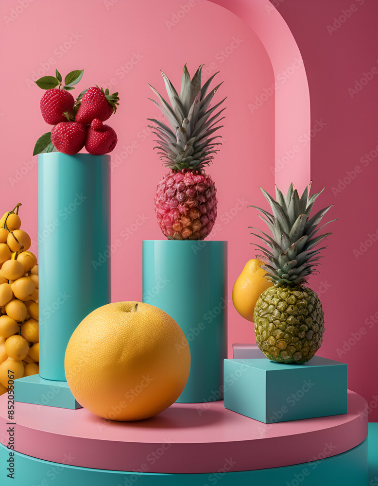 Stylish composition featuring fruits on cylindrical and rectangular shapes with a playful pink and blue backdrop. Minimal fruit concept. Copy space. Balanced diet concept. Stylish composition featuring fruits on cylindrical and rectangular shapes with a playful pink and blue backdrop. Minimal fruit concept. Copy space. Balanced diet concept.
