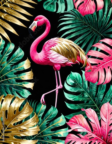 A vibrant illustration of a pink flamingo surrounded by lush tropical leaves set against a black background. Perfect for adding a touch of exotic elegance and color to any space.. AI Generation