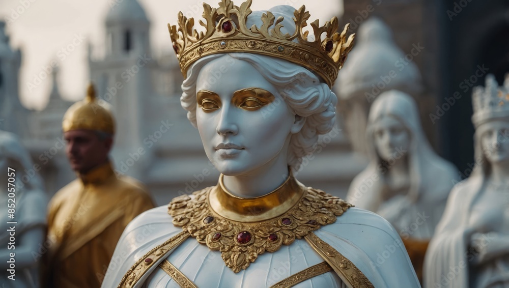 White statue of a woman wearing a golden crown White statue of a woman wearing a golden crown
