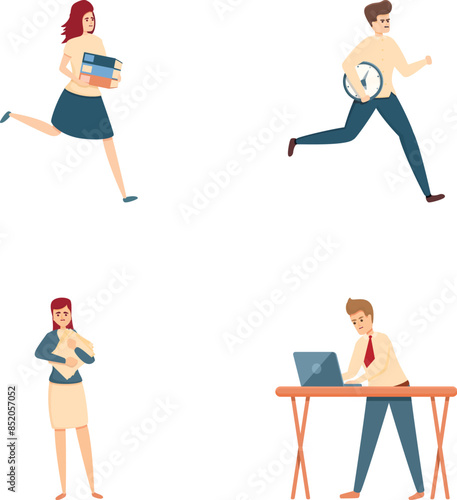Urgent task icons set cartoon vector. Hurrying and running office worker. Deadline and rush hour