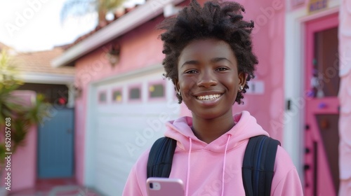 Young Woman in Pink Hoodie Holding Cell Phone