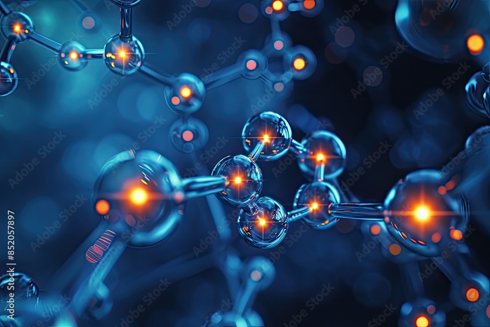 a close up of a molecule with glowing lights, Explore the role of catalysts in reactions a close up of a molecule with glowing lights, Explore the role of catalysts in reactions
